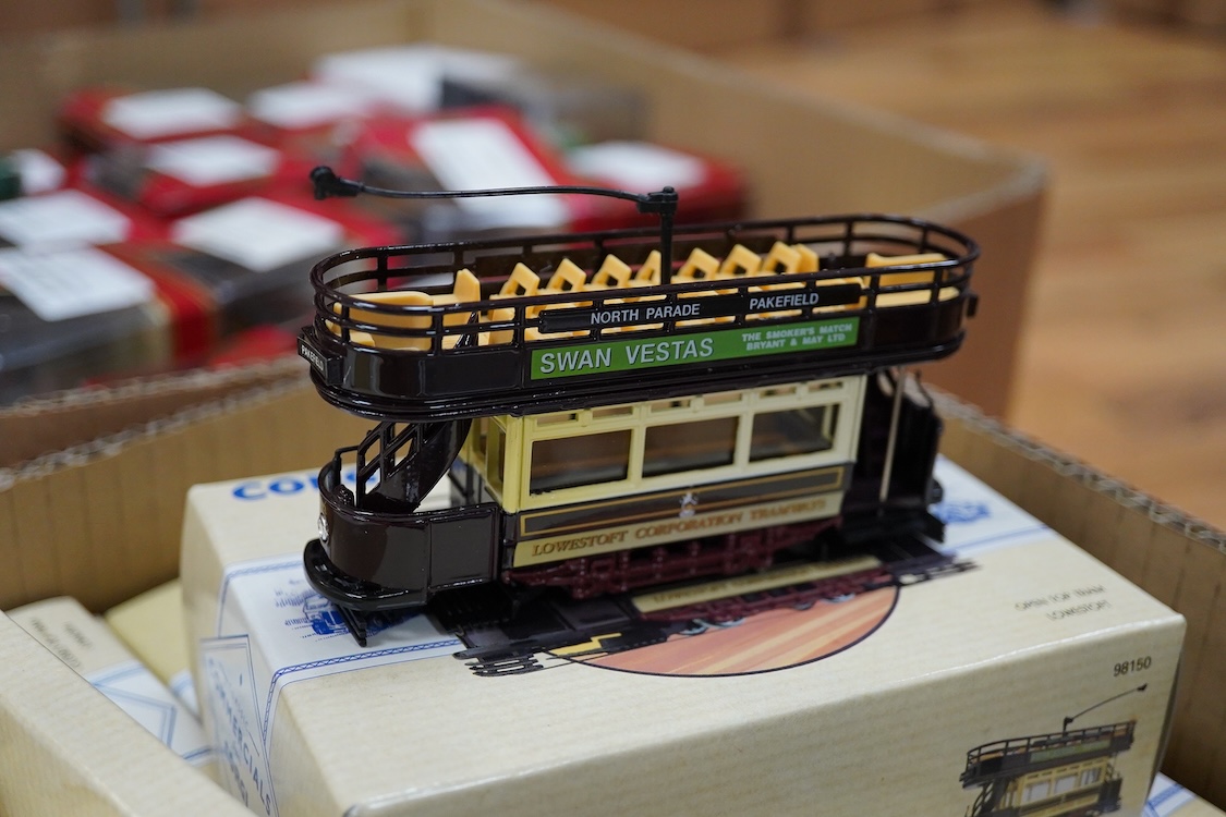 Sixty boxed diecast vehicles by Corgi Classics, Matchbox Models of Yesteryear, etc. including a large number of trams and other public transport vehicles, operators include; LCC, Plymouth, Blackpool, Belfast, Cardiff, et